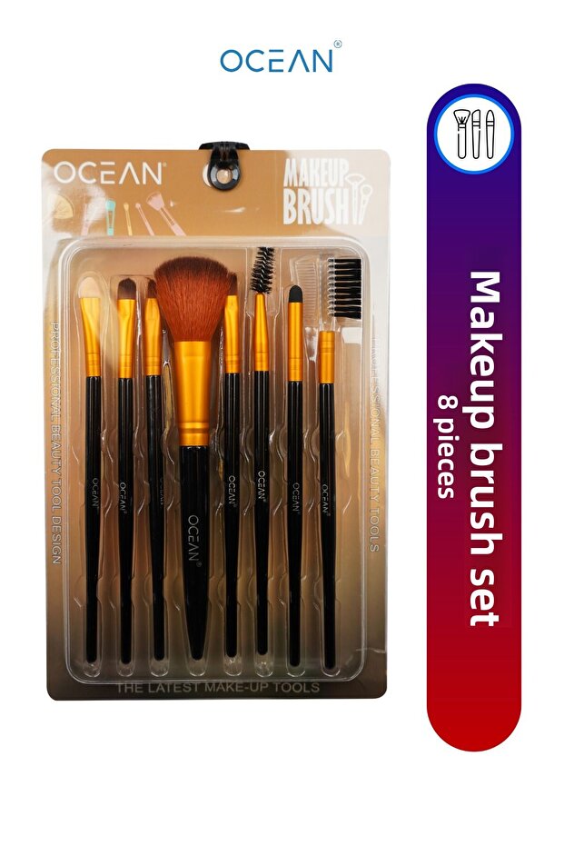 مجموعة فرش مكياج أساسية مكونة من 8 قطع - ذهبي - 1