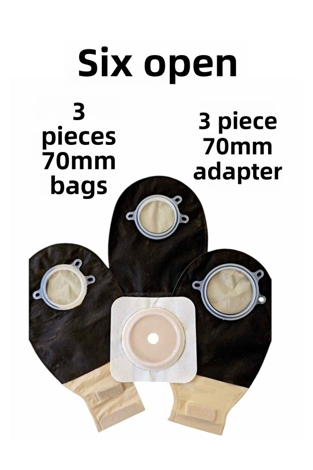 70mm Bio Stomy - 3 Pieces Colostomy and Ileostomy Bag Open Bottom, 3 Pieces Adapter