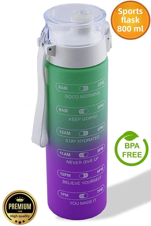 Sports Water Bottle 800 ml Bpa Free Children's Water Bottle Leakproof Strawless Water Bottle Green Purple Motivational.