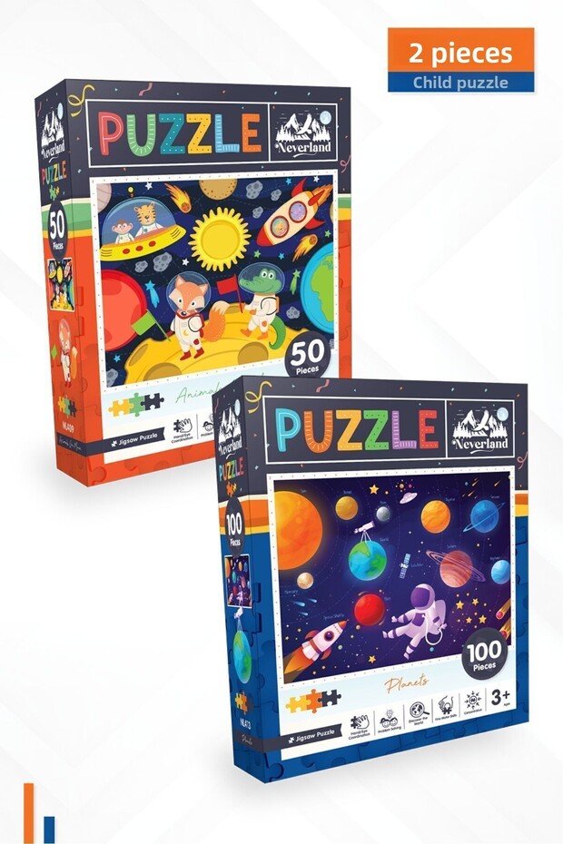 2-Piece Children's Puzzle - 50 Pieces Moon Animals and 100 Pieces Planets