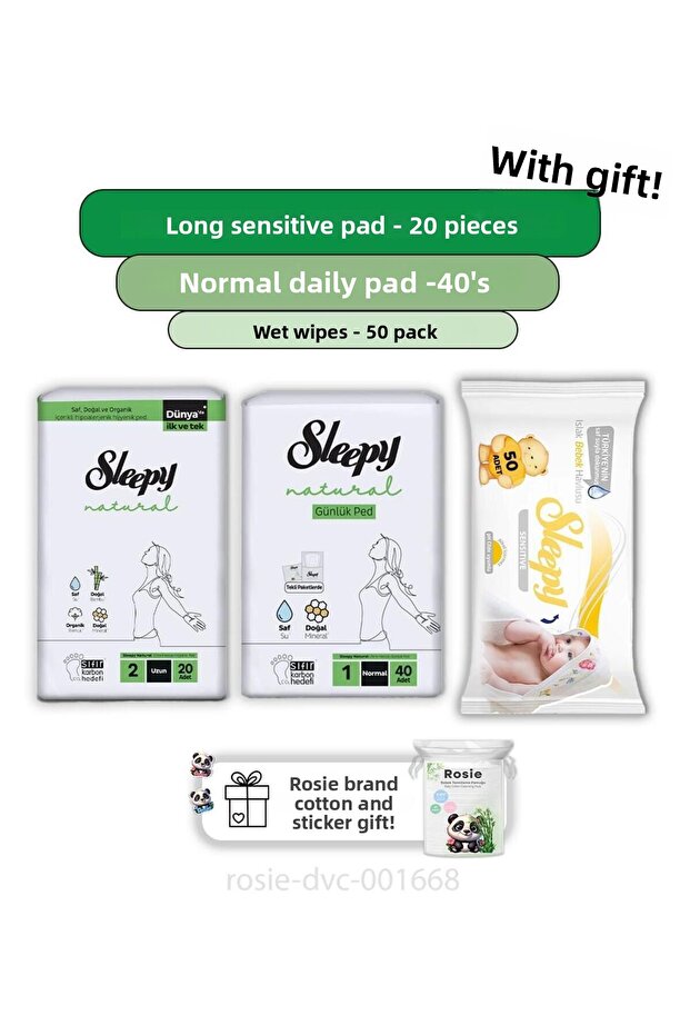 Ultra Sensitive Natural Pad - 20-Pack Daily, 40-Pack Sensitive 50-Pack Wipes and Rosie