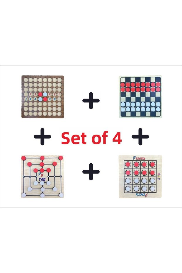 Reha Toys Wooden Board 4-in-1 Game Set; Reversi and Checkers - 9 Stones and Tactix Games