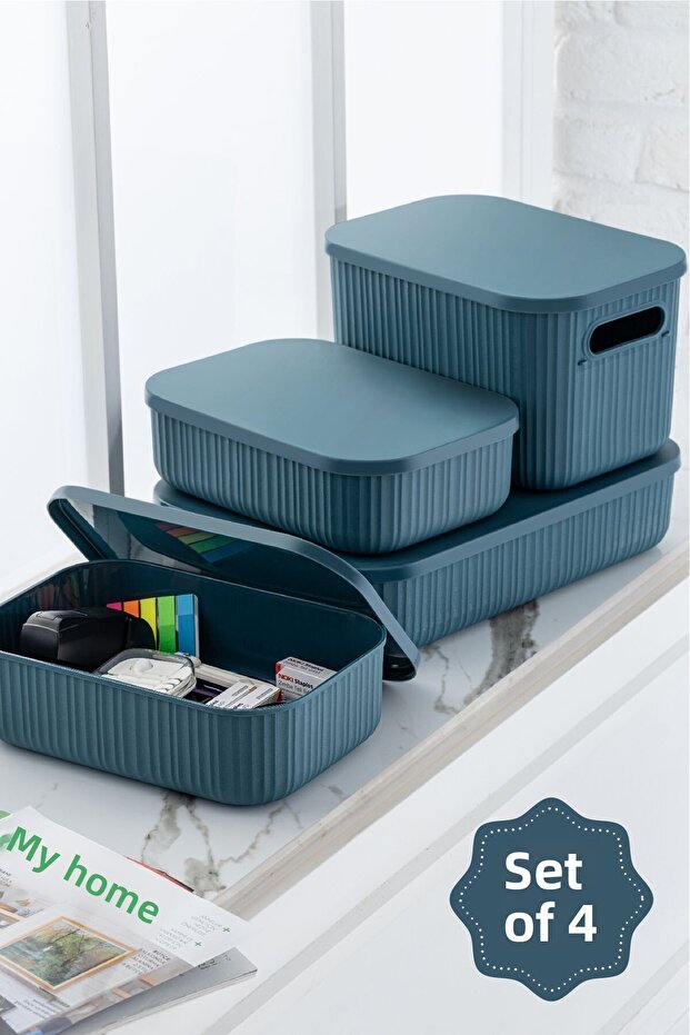 Blue 4-Piece Storage Box with Line Lid, 6.8 Lt 6.2 Lt 3.2 Lt - 1