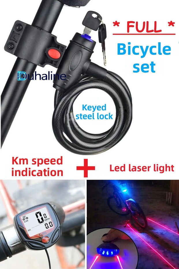 Bike Motorcycle Lock with Key Steel Lock+Km Speedometer + Led Laser Light Gift Full Set
