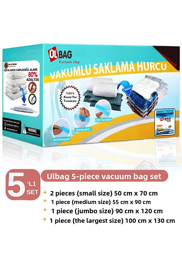 Set of 5 Vacuum Storage Bags (2S+1M+1Xl+1 Largest Size) Vacuum Bag - Vacuum Bag