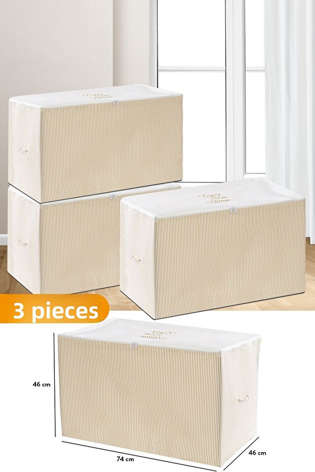 3 Pieces - Large Size Beige Striped Storage Bag - 74 X 46 X 46 Cm
