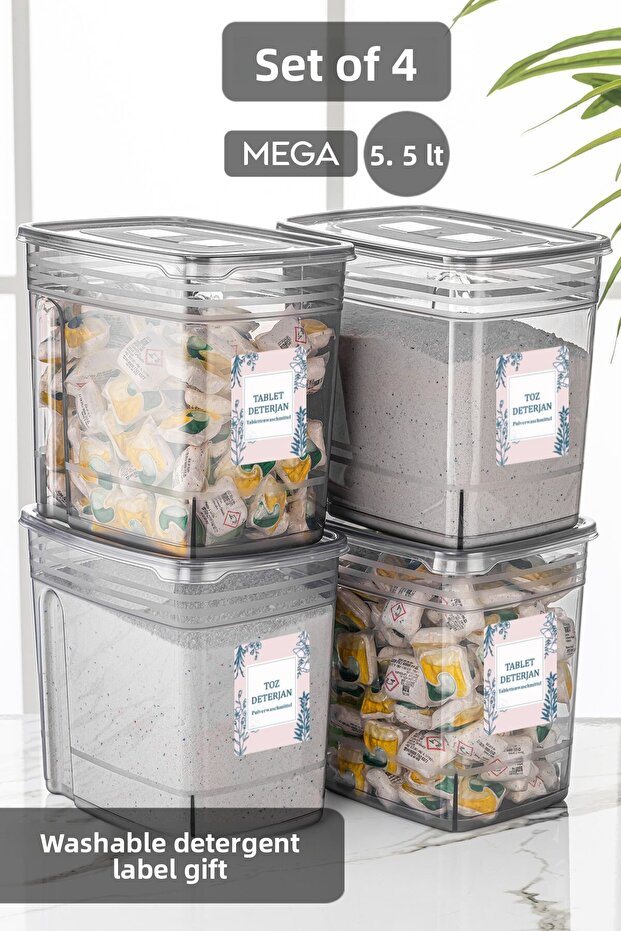Set of 4 - 5.5 Liter Jumbo Lena Powder Tablet Detergent Storage Container - Labeled Storage Box with Lid