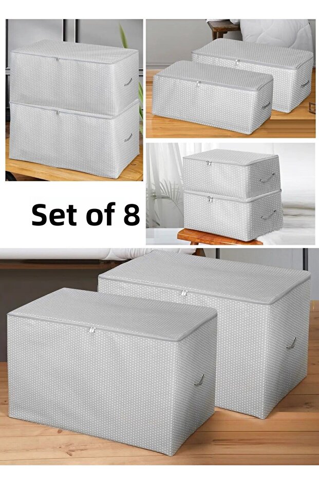 8-Piece Dowry Set: Quilt, Pillow, Duvet Cover, Clothes Organizer Bag Set - Gray Spotted