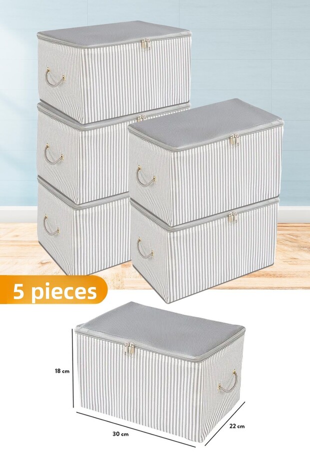 5 Pieces - Mini Size Printed Detailed Anthracite Striped Storage Bag 30 X 22 X 18 Cm