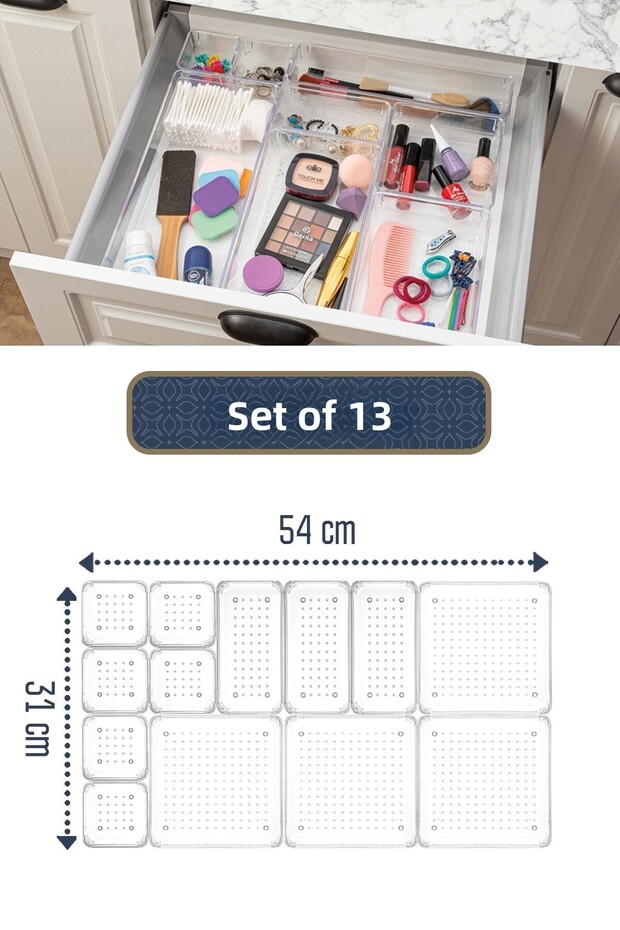 13-Piece Jewelry Cosmetic Organizer - Modular Makeup Drawer Organizer - Kitchen Bathroom Organizer