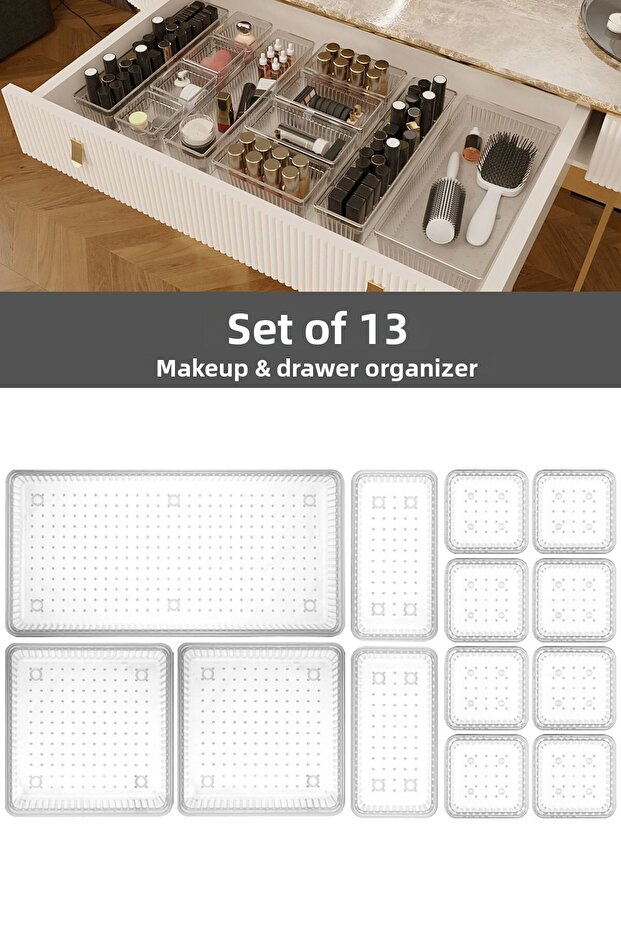 13-Piece Multi-Purpose Drawer Organizer - Cosmetic Jewelry Makeup Organizer, Closet Organizer, Transparent
