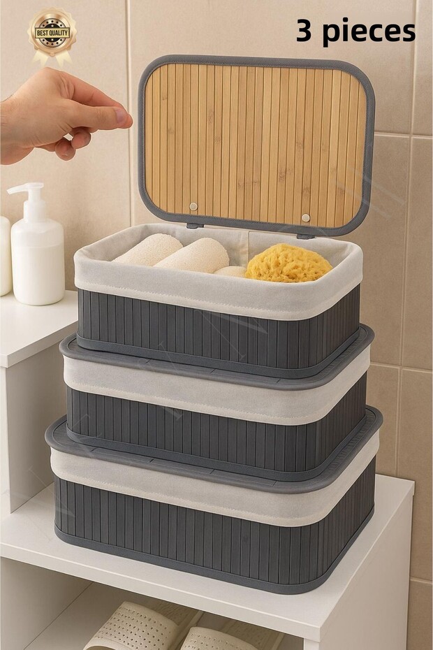Softlines Bamboo Lid Bathroom and Home Organizer Boxes Set of 3