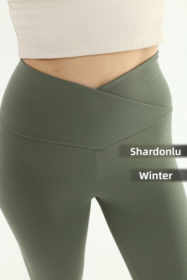 Women's Ribbed High Waist Gathering Black Cross Waist Leggings with Fleece Inside