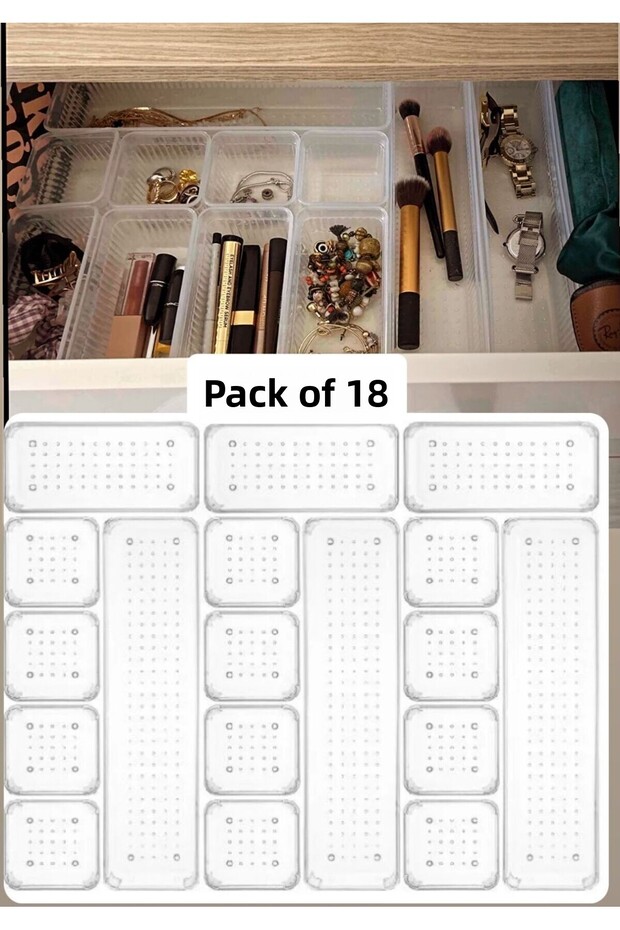 Bade 18 Piece Set Drawer Jewelry Cosmetic Organizer (12-3-3) Drawer Organizer Pen Holder Spoon Holder