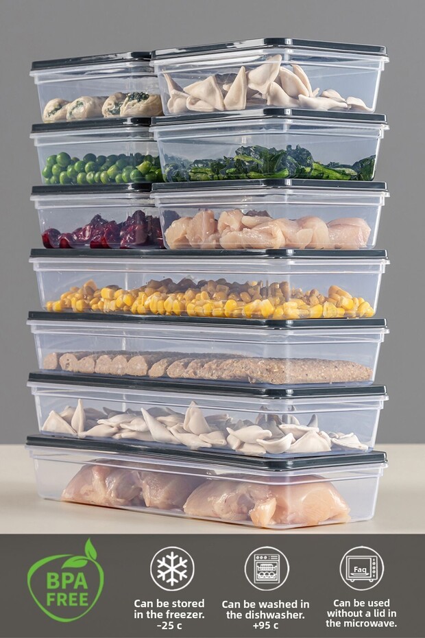 10-Piece Refrigerator Organizer Storage Container Suitable for Microwave and Freezer Anthracite 4 X 1170 ml - 6 X 600ml - 3