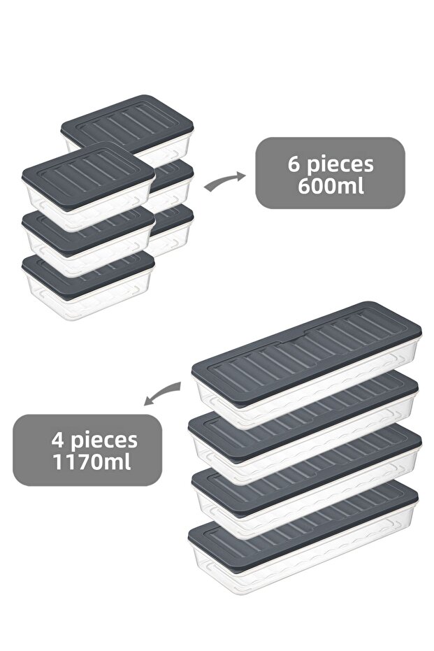 10-Piece Refrigerator Organizer Storage Container Suitable for Microwave and Freezer Anthracite 4 X 1170 ml - 6 X 600ml - 2