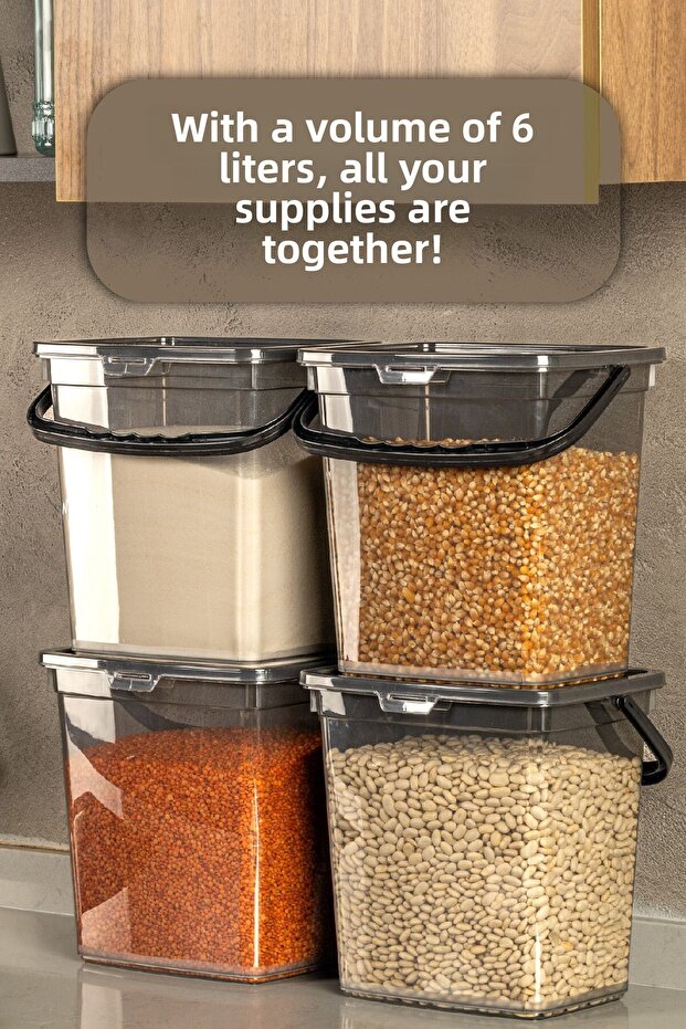 Mega Size 2-Piece Square Flour and Legumes Container 6 Liters - Detergent Storage Box Container with Handle Anthracite - 2