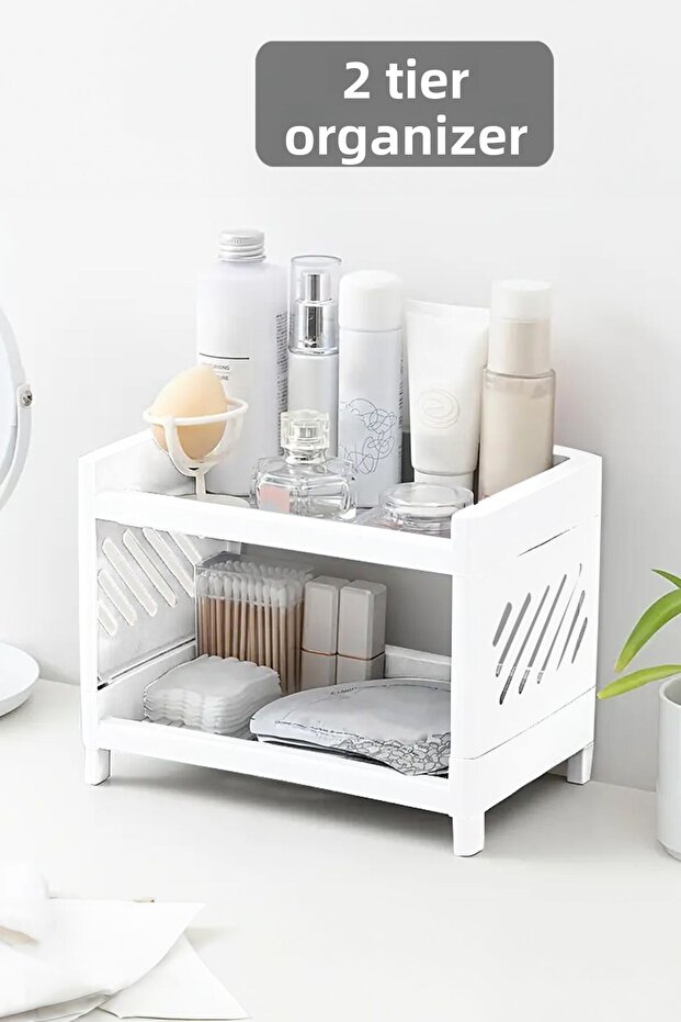 2 Tiers Makeup Jewelry Cosmetic Rack Organizer Multi-Purpose Organizer White