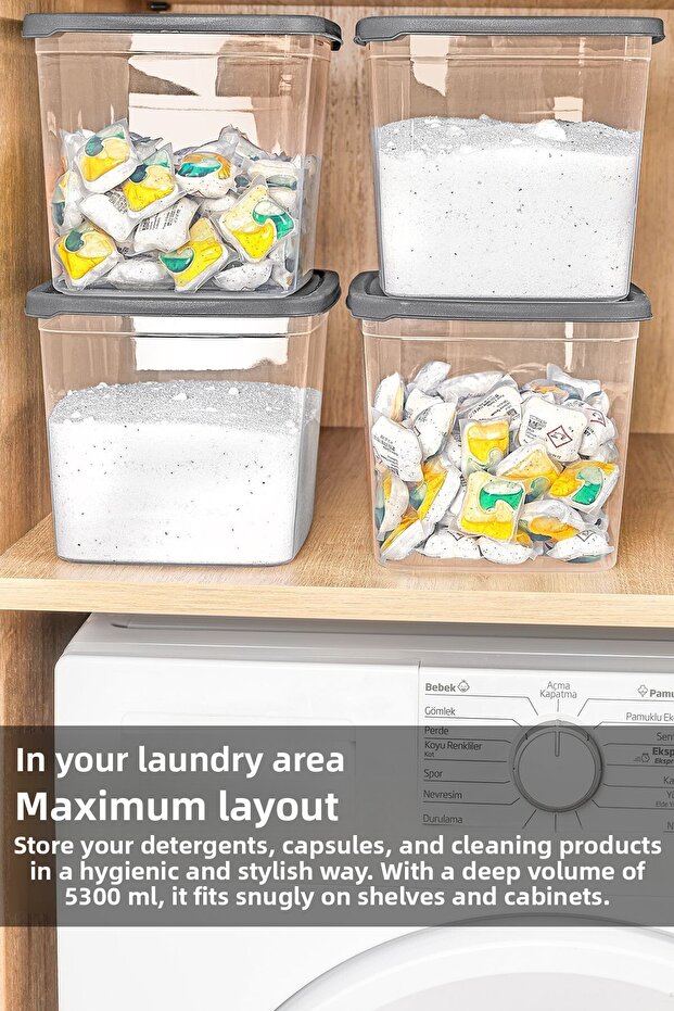 3 Mega Size Detergent Storage Box - Bathroom Tablet Powder Detergent Box with Label 5.3 Liter Transparent - 5
