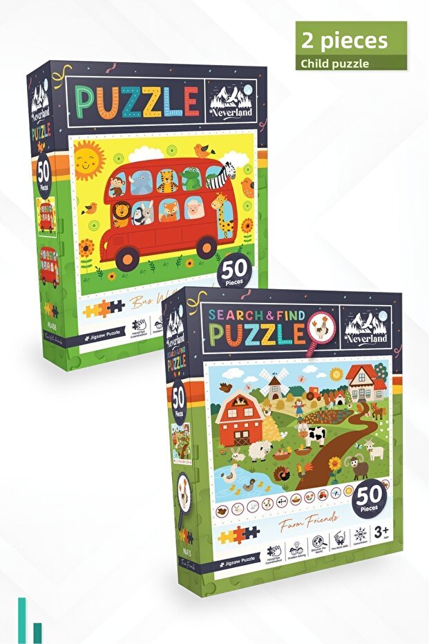 2-Piece Children's Puzzle - 50 Pieces with Animals Bus and 50 Pieces Farm Friends