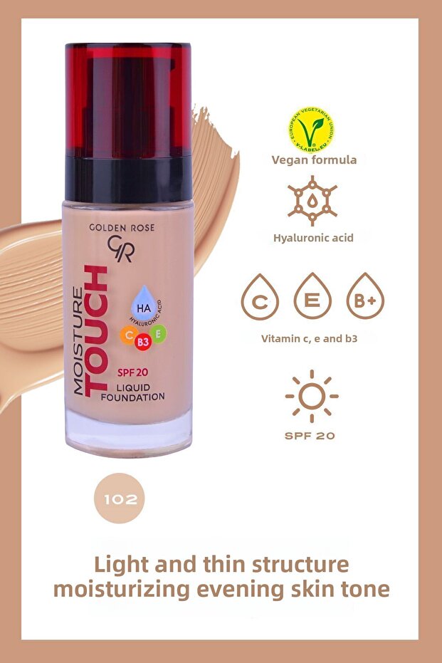 Moisture Touch Foundation No: 102 - Moisturizing Foundation with Hyaluronic Acid Spf 20 - 30 ml