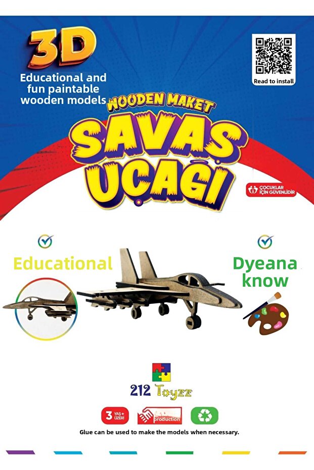 3D Paintable Wooden War Plane Model F-16- Educational Toy for Children