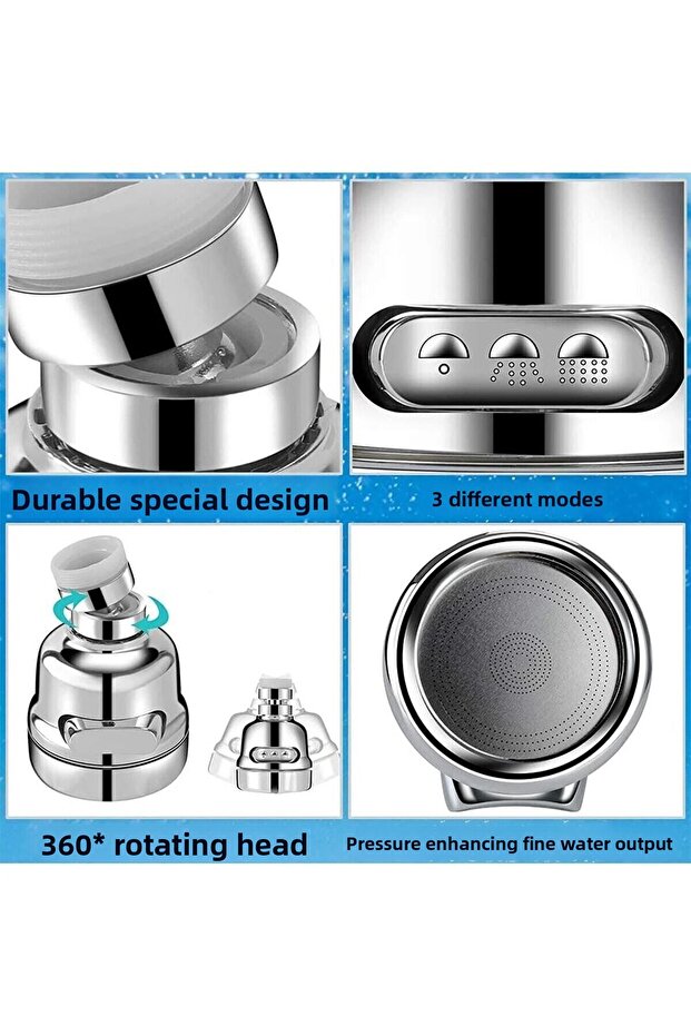 Water Saving 3 Function Chrome Kitchen Sink Head 360 Degree Swivel Adjustable - 3