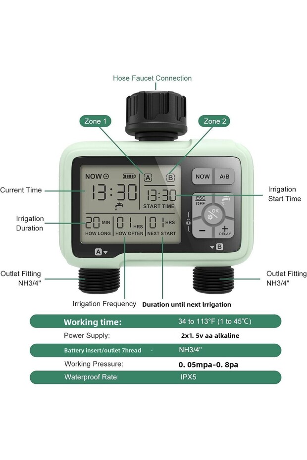 Digital Water Timer Programmable Sprinkler with Rain Delay Large LCD Display - 1 to 2 Point - 4