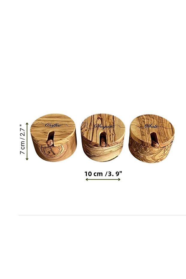 Set of 3 Natural Olive Tree Wooden Bowl Spice Rack Coffee, Sugar, Salt with Spoons