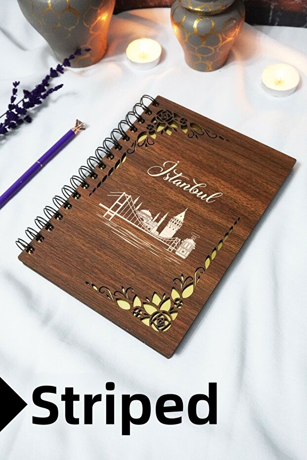 Istanbul Wooden Cover Spiral School Notebook - Lined Notebook - 60 Sheets (120 Pages) - A5 15X21 cm