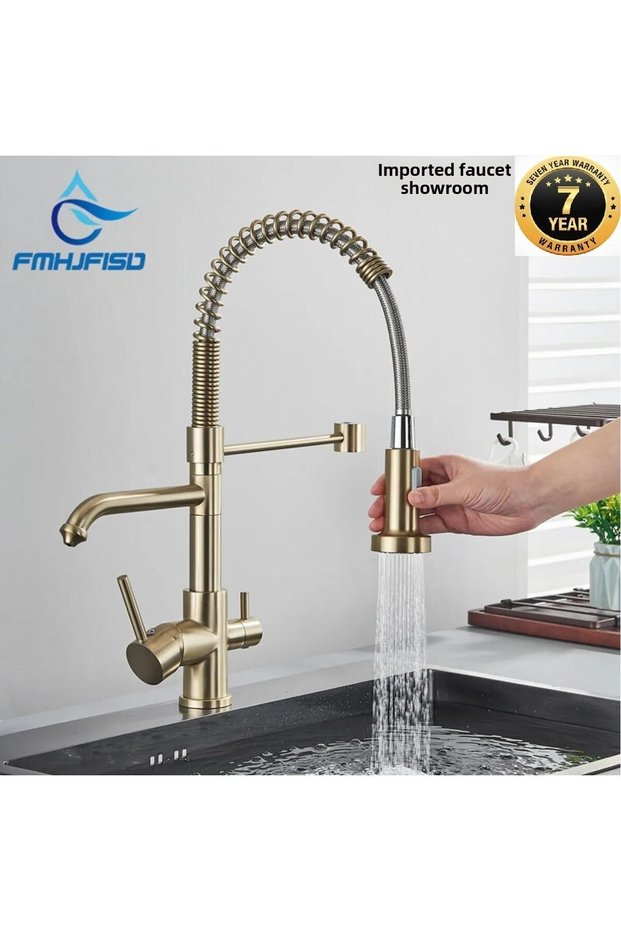 Kitchen Sink Faucet with Dual Flow Water Purification Outlet, Spiral and Fountain 7 Years Warranty Imported Matte Gold
