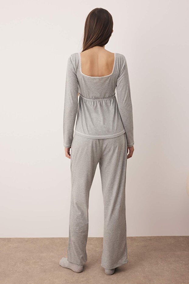 Gri Melanj Pamuklu Dantel Detaylı Örme Pijama Takımı THMAW26PT00084 - 6
