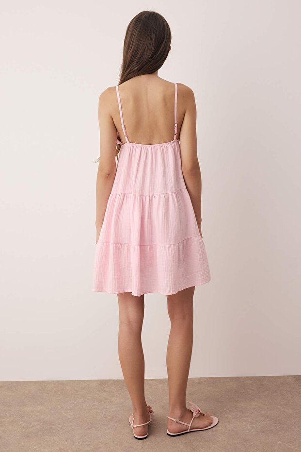 Pembe Düz Kısa / Mini Dokuma Elbise TWOSS25EL00919 - 4