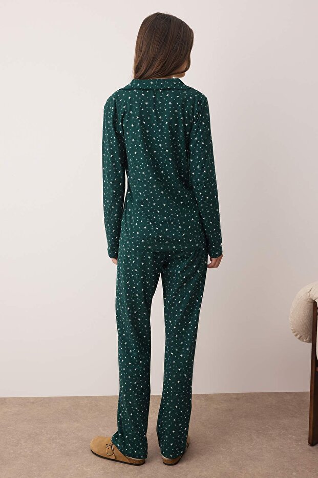 Zümrüt Yeşili %100 Pamuklu Galaksi Desenli Örme Pijama Takımı THMAW25PT00097 - 4