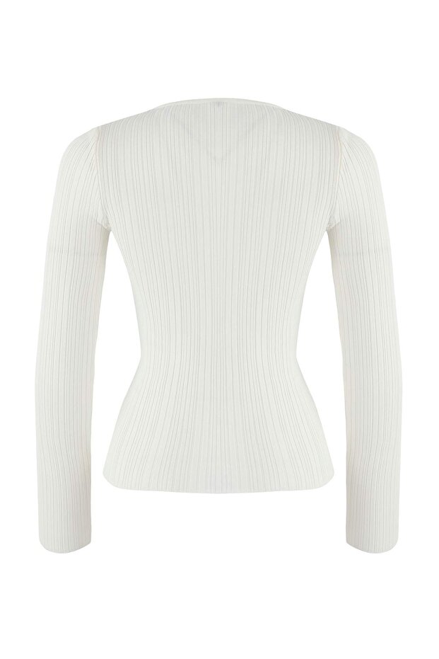 Wardrobe Essentials Ekru Fitted/Vücuda Oturan Fitilli Triko Kazak | TWOAW26KZ00083 - 6