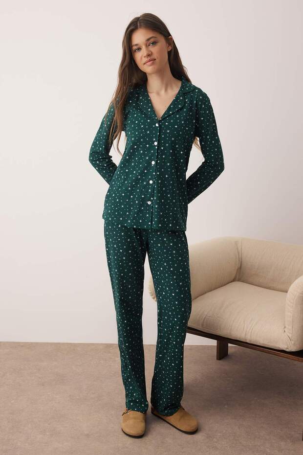 Zümrüt Yeşili %100 Pamuklu Galaksi Desenli Örme Pijama Takımı THMAW25PT00097 - 1