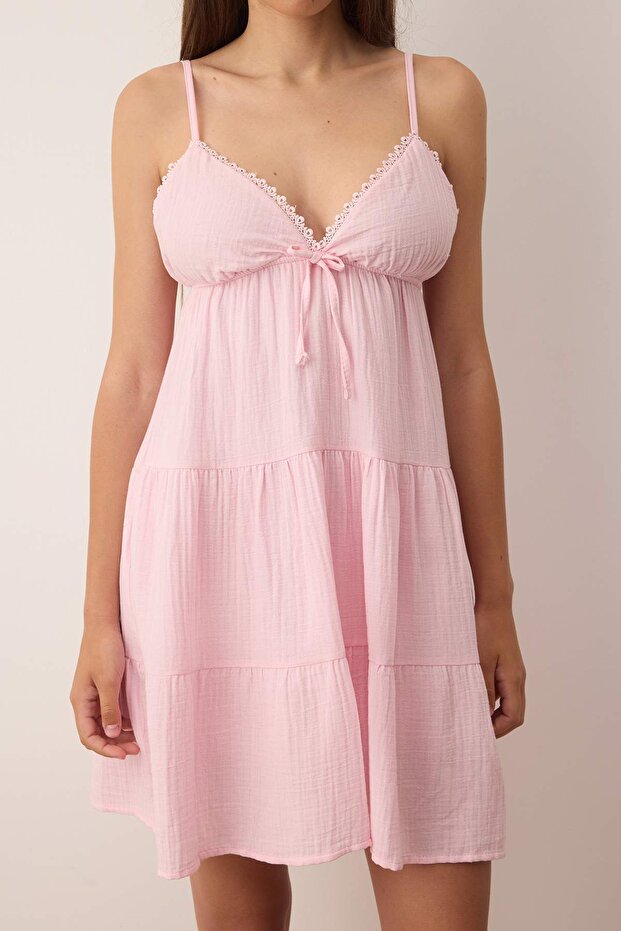 Pembe Düz Kısa / Mini Dokuma Elbise TWOSS25EL00919 - 3
