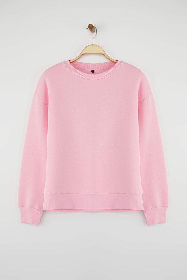Açık Pembe Kalın İçi Polarlı Regular/Normal Kalıp Bisiklet Yaka Basic Örme Sweatshirt TWOAW24SW00101 - 5