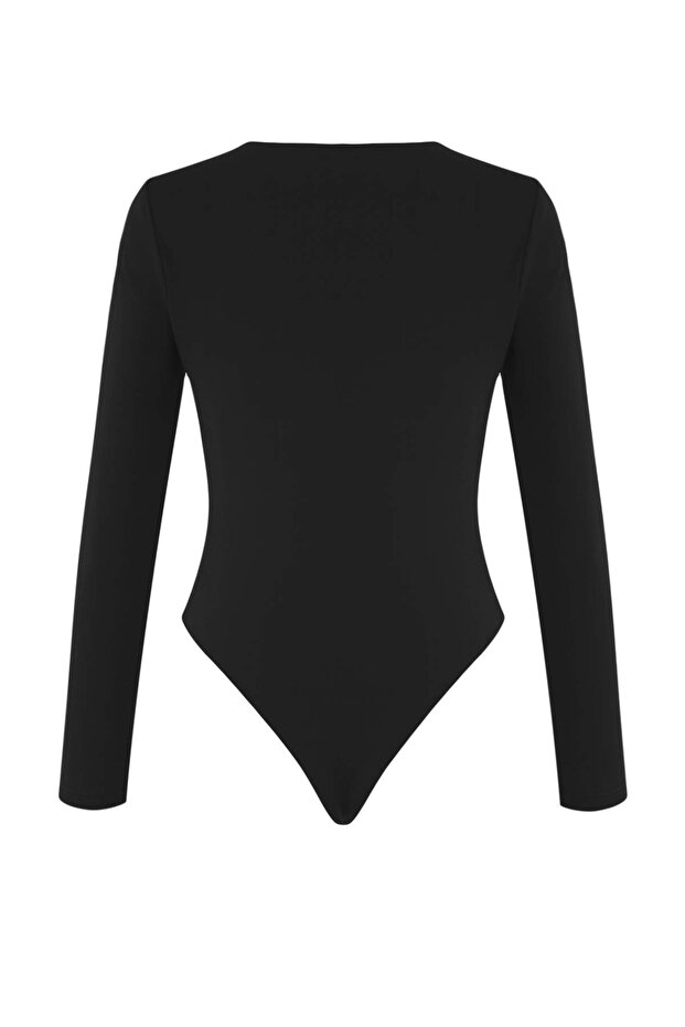 Siyah Dantel Şeritli V Yaka Örme Body TPRAW26BD00018 - 6