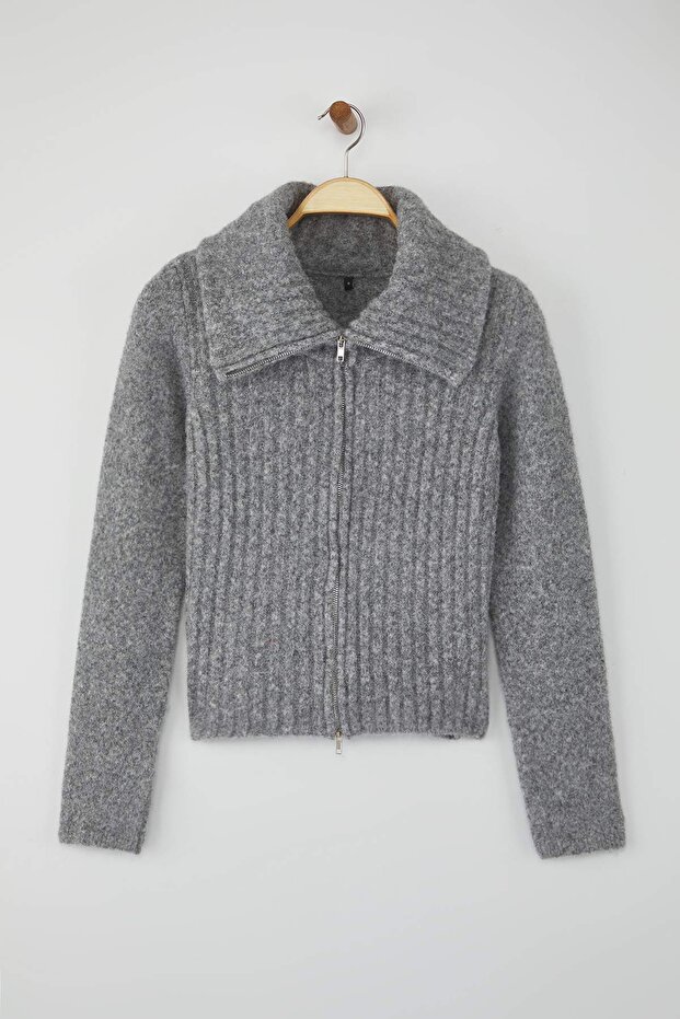 Wardrobe Essentials Koyu Gri Yün Karışımlı Sakal/Tüylü İplik Fermuarlı Triko Hırka | TWOAW26HI00149 - 5
