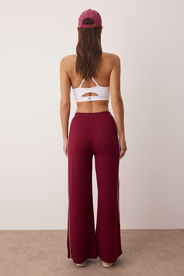 Bordo Biyeli Wide Leg/Geniş Paça Örme Spor Eşofman Altı THMAW26EA00001 - 4