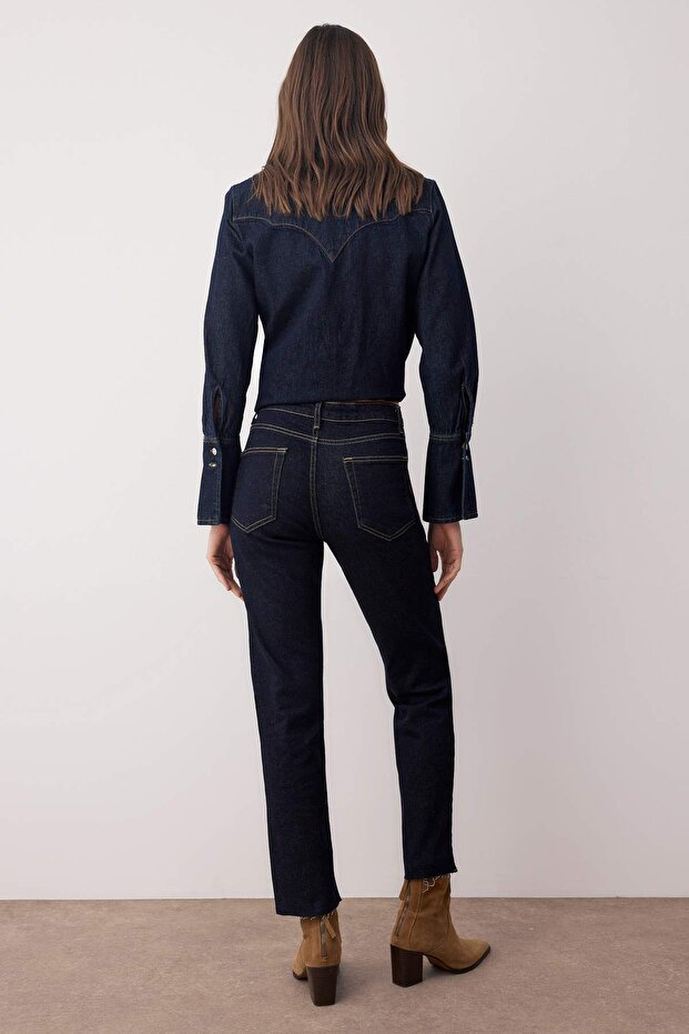 Koyu Mavi Yüksek Bel YENİ MOM Orta Esnek Jeans TWOAW26JE00026 - 5