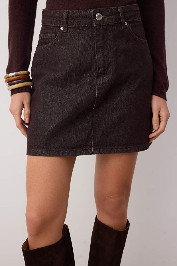 Kahverengi Mini Basic Denim Etek TWOAW26ET00049 - 5