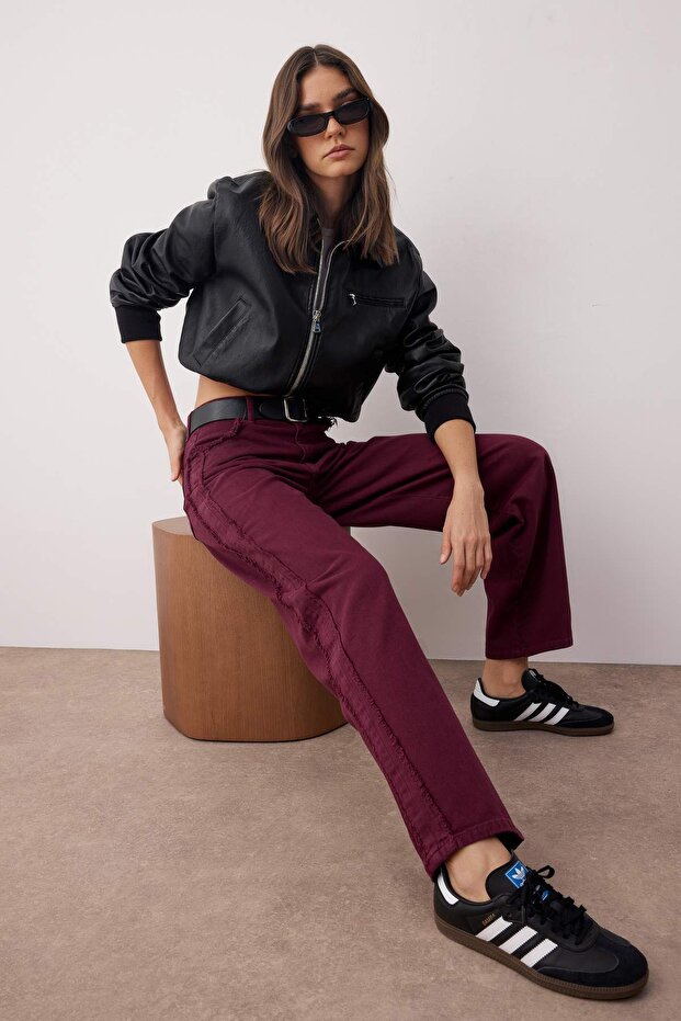 Bordo Yüksek Bel Dikiş Detaylı Baggy Jeans TWOAW26JE00036 - 2