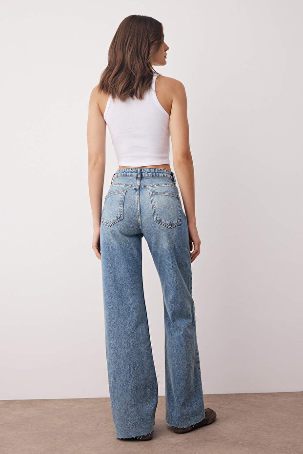 Mavi Yüksek Bel Paçası Kesikli Az Esnek Wide Leg/Geniş Paça Jeans TWOAW26JE00081 - 5
