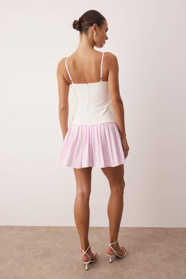 Beyaz-Pembe Piliseli Mini Dokuma Elbise TWOSS25EL00807 - 4