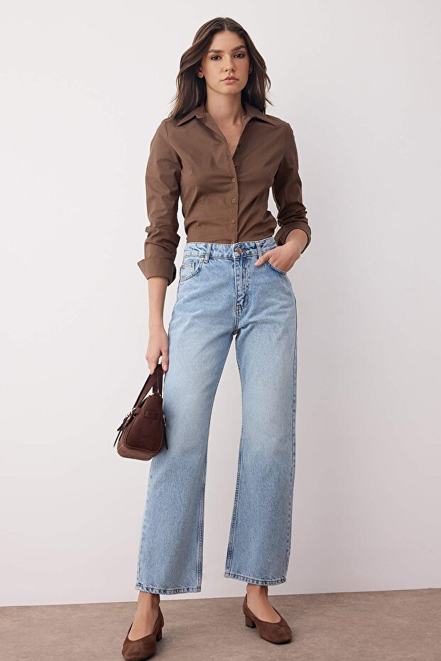 Açık Mavi Yüksek Bel Rahat Straight Düz Kesim Boru Paça Jeans TWOAW26JE00063 - 2