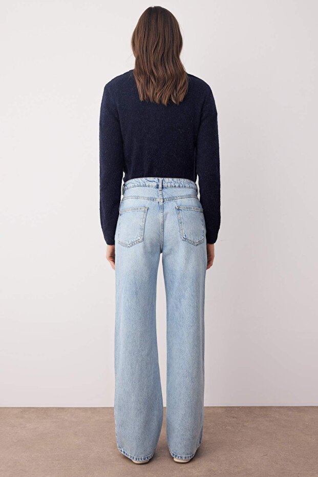 Açık Mavi Yüksel Bel Geniş Paça Wide Leg %100 Pamuk Non-Stretch Jeans TWOAW26JE00074 - 4