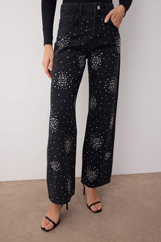 Siyah Yüksek Bel Taş Detaylı Geniş Paça Wide Leg Jeans TWOAW26JE00116 - 3
