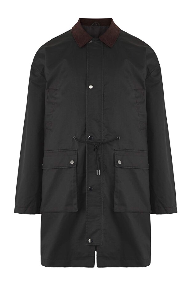 Siyah Unisex Fitted Uzun Kadife Yaka Mevsimlik Şık Erkek Mont TMNAW26MO00009 - 5